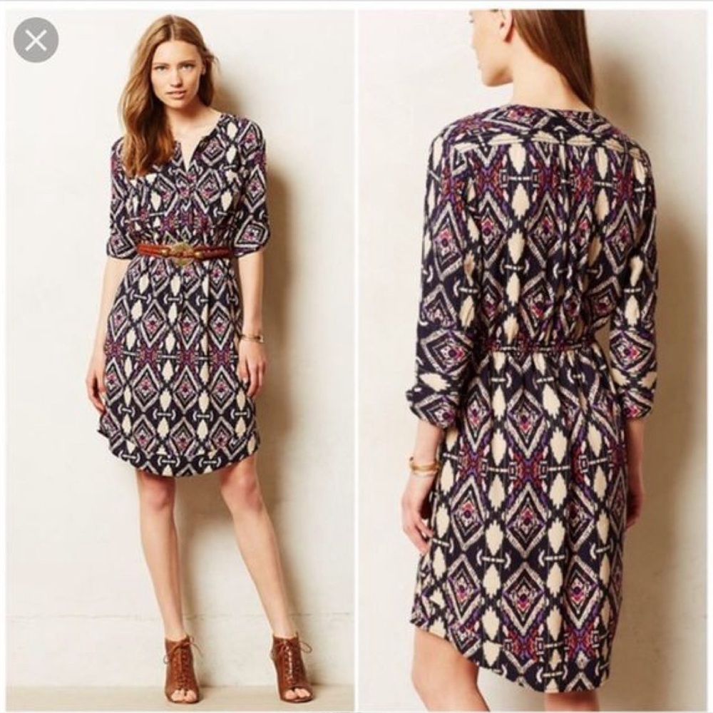Anthropologie Holding Horses Mira Ikat Dress 3/4 Sleeve Western Tribal Size 10P - Picture 1 of 6
